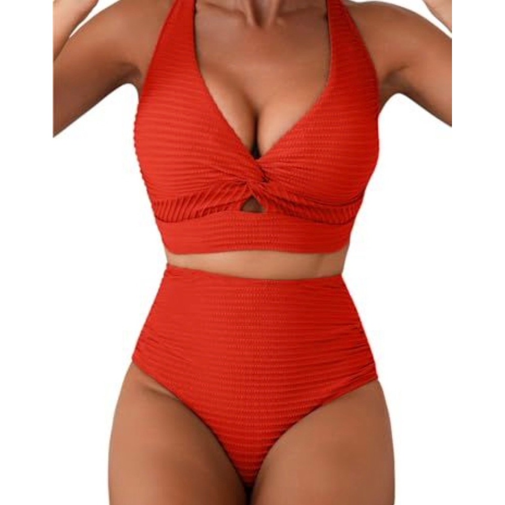 NEW Herseas Fiery Red Textured 2 Piece Bikini Set High‎ Waisted Twist Front SZ M
